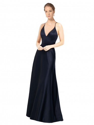 Satin V-Neck A-Line Dark Navy Prom Dress / Bridal Party Dress Derby