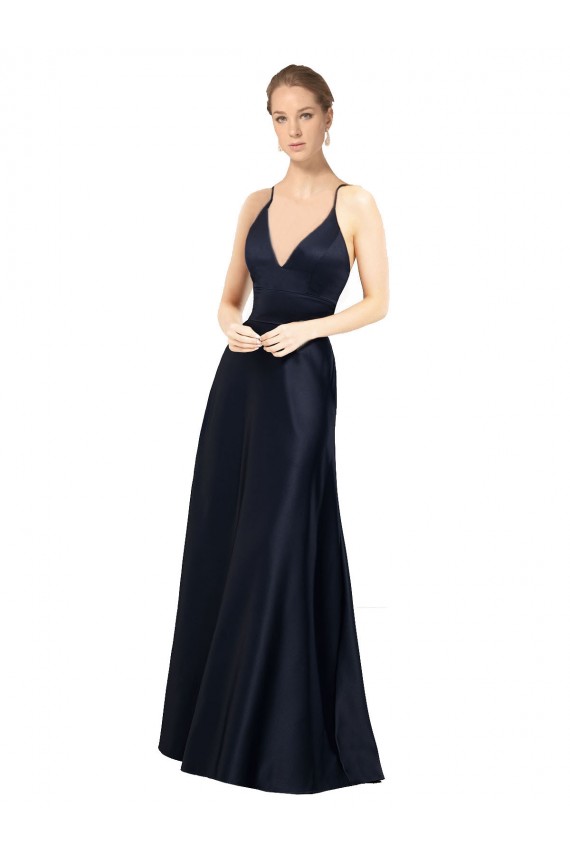 Satin V-Neck A-Line Dark Navy Prom Dress / Bridal Party Dress Derby