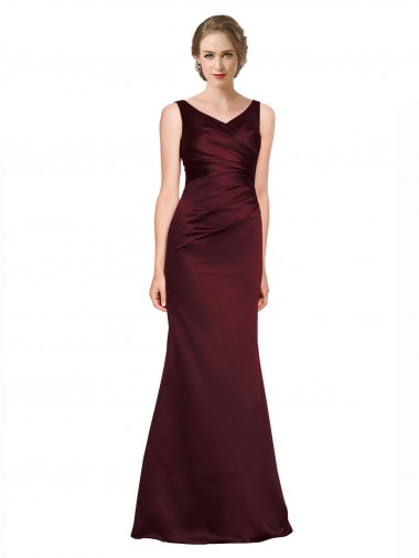 Satin V-Neck Low Back A-Line Burgundy Black Tie Evening Gown / Prom Dress / Bridesmaid Dress Derby