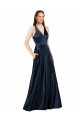 Satin V-Neck Keyhole Back A-Line Dark Navy Formal Evening Gown / Prom Dress / Bridesmaid Dress Derby
