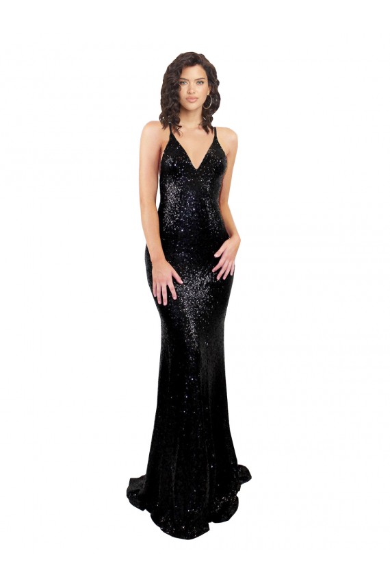 Sequin V-Neck Open Back Mermaid Black Black Tie Evening Gown / Prom Dress / Bridesmaid Dress Derby