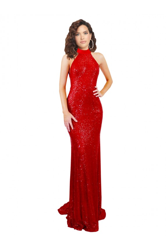 Sequin High Neck Open Back Mermaid Red Formal Evening Gown / Prom Dress / Bridesmaid Dress Derby