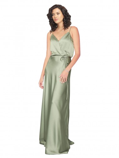 Silk like Satin V-Neck V-Back A-Line Smoke Green Formal Evening Gown / Bridesmaid Dress Derby