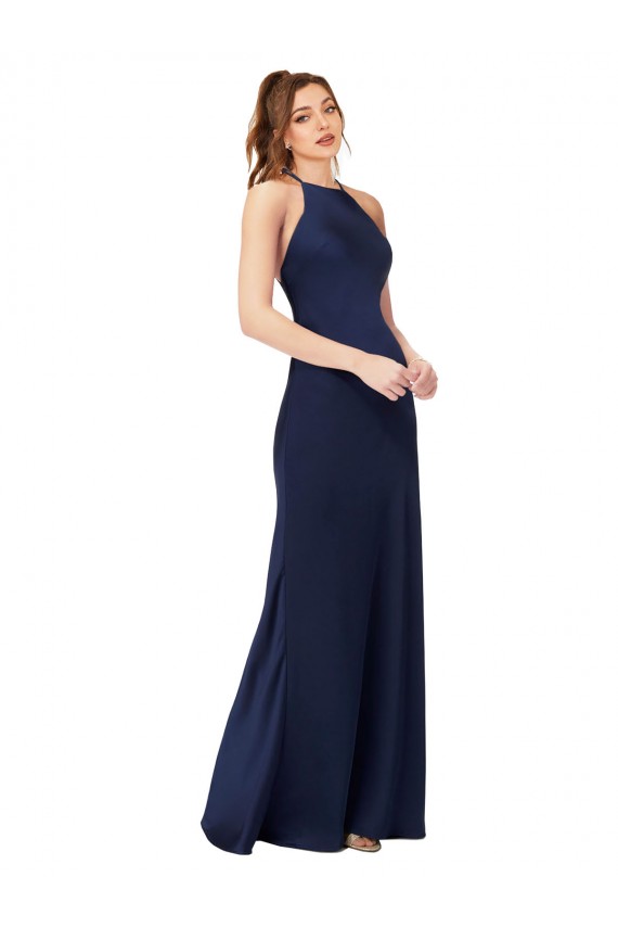 Silk like Satin High Neck Open Back Sheath Sapphire Formal Evening Gown / Prom Dress / Bridesmaid Dress Derby