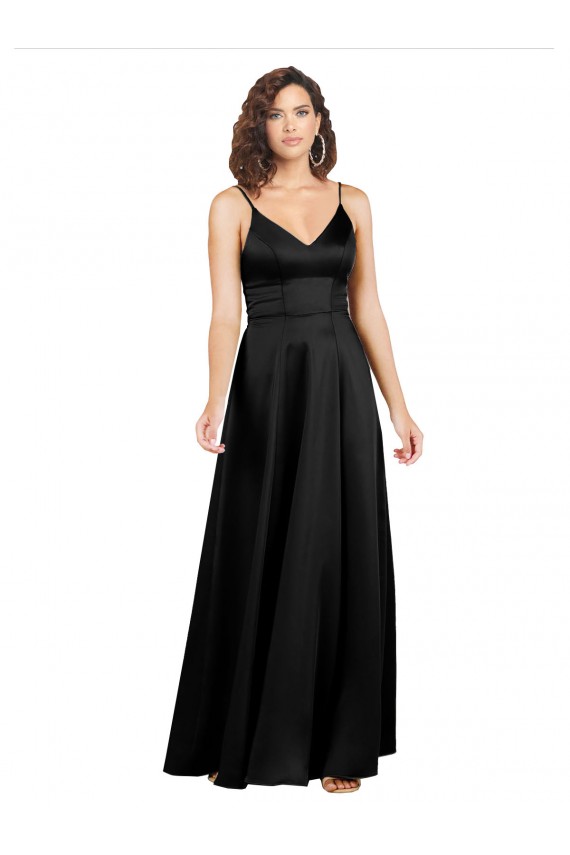 Silk like Satin V-Neck V-Back A-Line Black Formal Evening Gown / Prom Dress / Bridesmaid Dress Derby