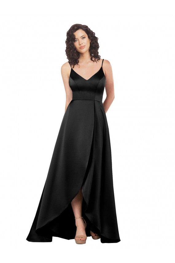 Silk like Satin V-Neck V-Back A-Line Black High Low Evening Gown / Prom Dress / Bridesmaid Dress Derby