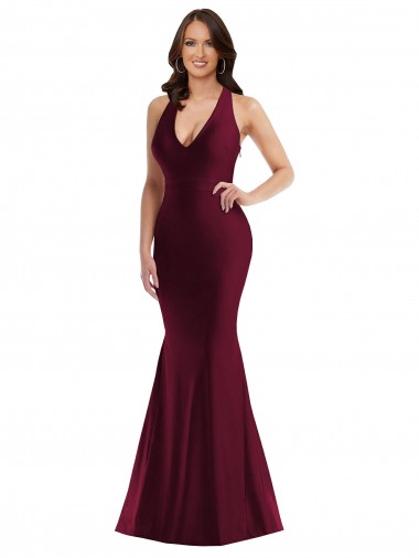Silk like Satin V-Neck Open Back Mermaid Burgundy Formal Plus Size Evening Gown / Prom Dress / Bridesmaid Dress Derby