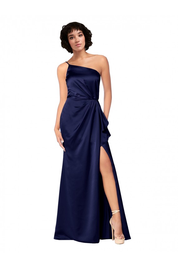 Silk like Satin One Shoulder A-Line Sapphire Black Tie Evening Gown / Prom Dress / Bridesmaid Dress Derby