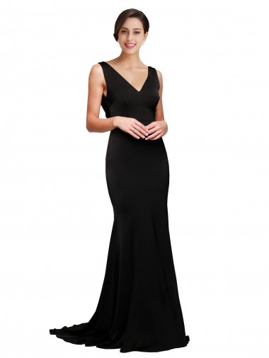 Silk like Satin V-Neck Low Back A-Line Black Formal Evening Gown / Prom Dress / Bridesmaid Dress Derby