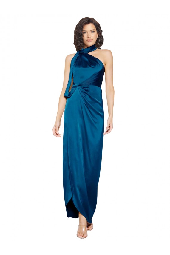 Silk like Satin High Neck Sheath Peacock Blue Formal Evening Gown / Prom Dress / Bridesmaid Dress Derby