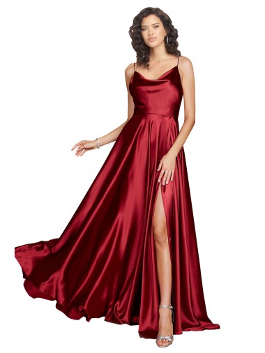 Silk like Satin Cowl Neck Low Back A-Line Burgundy Black Tie Evening Dress / Prom Dress / Bridesmaid Dress Derby