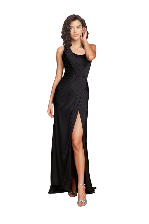 Silk like Satin One Shoulder A-Line Black Evening Dress / Bridesmaid Dress Derby