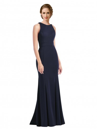 Stretch Crepe High Neck Keyhole Back Sheath Dark Navy Black Tie Prom Dress / Bridesmaid Dress Derby
