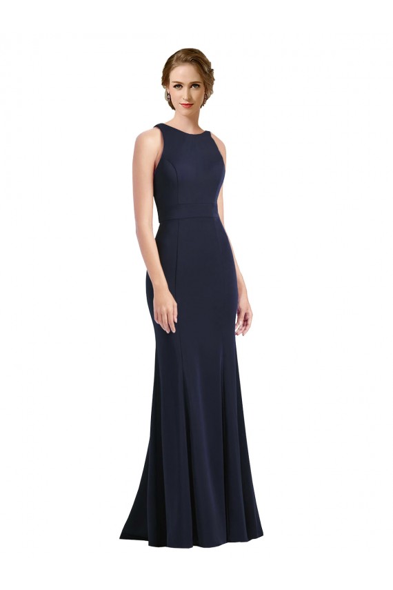 Stretch Crepe High Neck Keyhole Back Sheath Dark Navy Black Tie Prom Dress / Bridesmaid Dress Derby