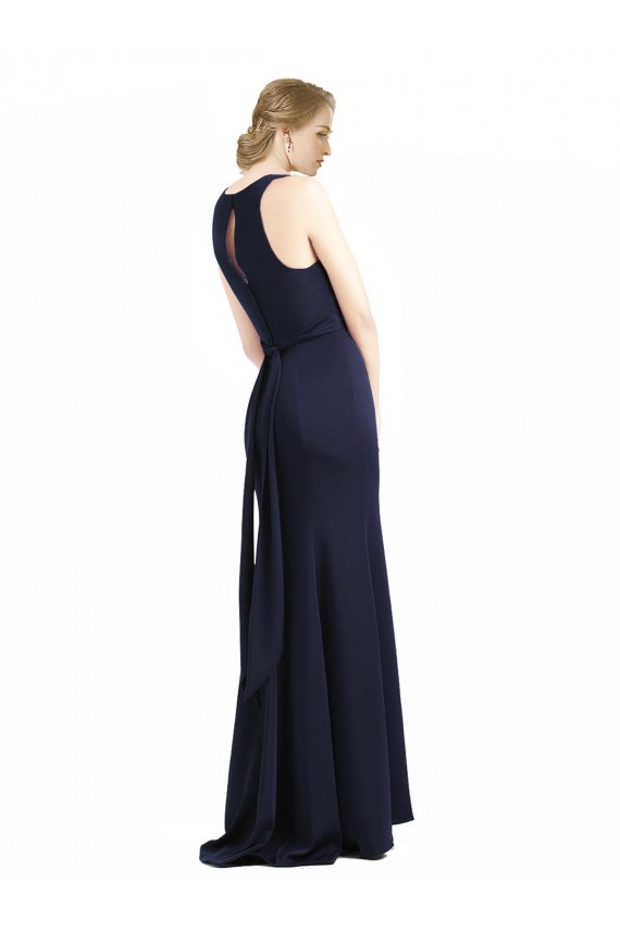Stretch Crepe High Neck Keyhole Back Sheath Dark Navy Black Tie Prom Dress / Bridesmaid Dress Derby