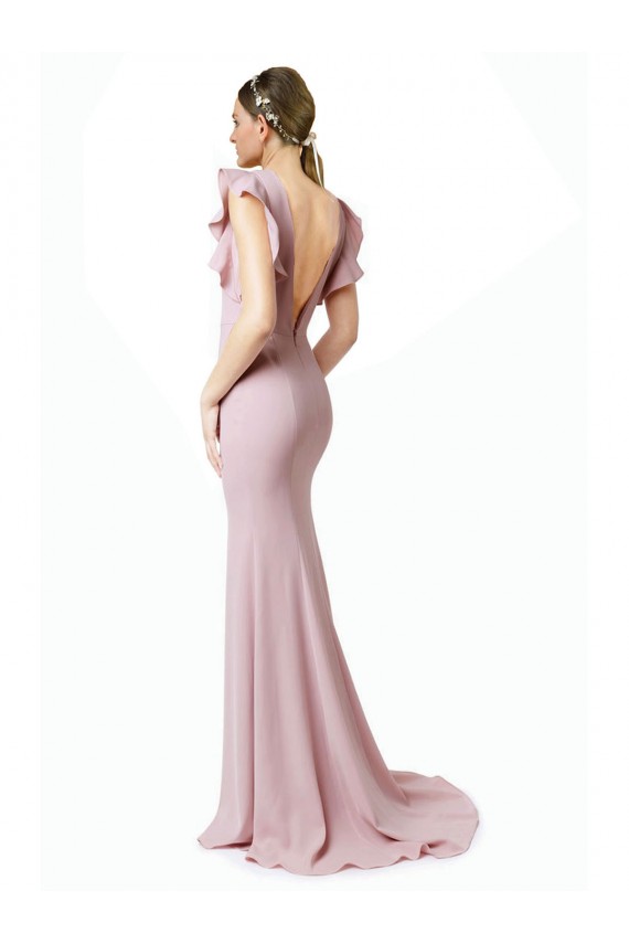 Stretch Crepe Jewel Neck V-Back Mermaid, Sheath Pink Black Tie Prom Dress / Bridesmaid Dress Derby