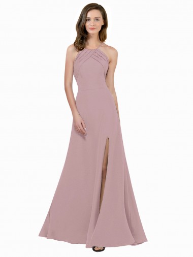 Stretch Crepe High Neck Keyhole Back A-Line Dusty Pink Prom Dress / Bridesmaid Dress Derby