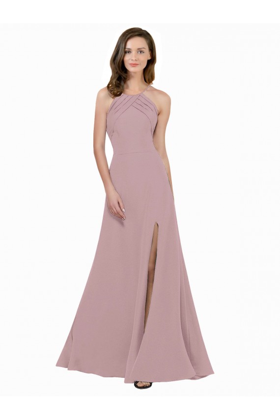 Stretch Crepe High Neck Keyhole Back A-Line Dusty Pink Prom Dress / Bridesmaid Dress Derby