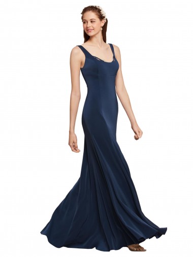 Stretch Crepe Round Neck Low Back A-Line Dark Navy Prom Dress / Bridesmaid Dress Derby