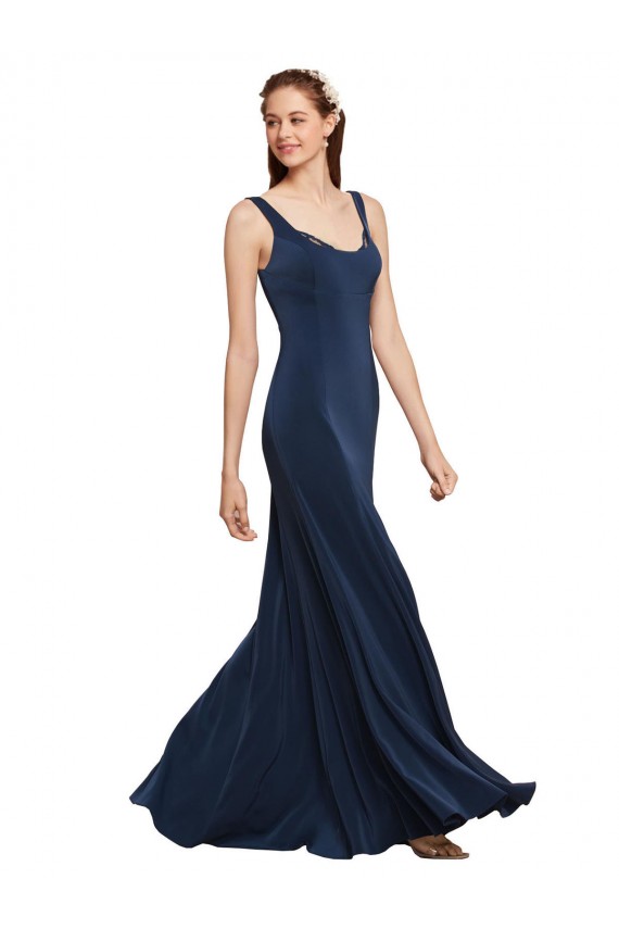 Stretch Crepe Round Neck Low Back A-Line Dark Navy Prom Dress / Bridesmaid Dress Derby