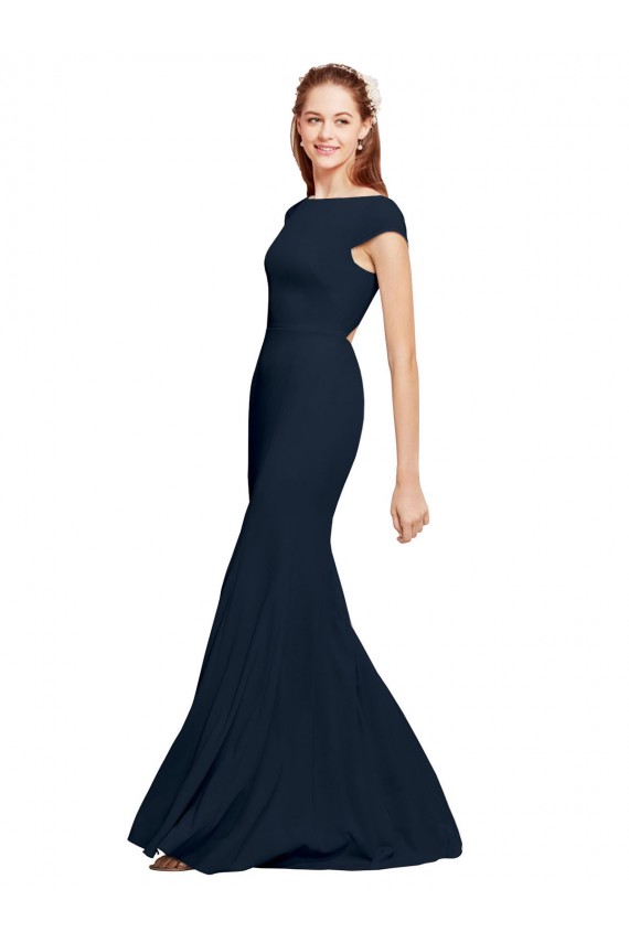 Stretch Crepe Boat Neck Open Back A-Line Dark Navy Formal Evening Gown / Prom Dress / Bridesmaid Dress Derby