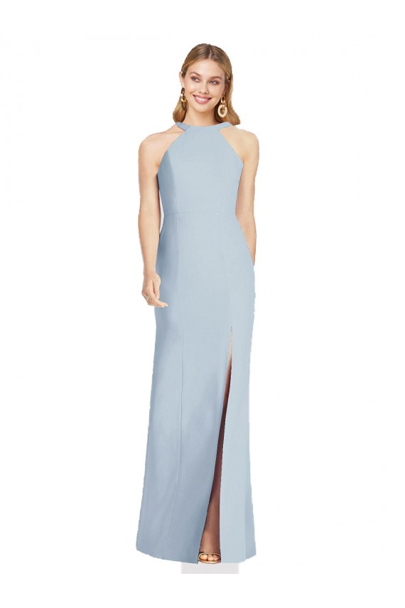 Stretch Crepe High Neck Open Back Trumpet Light Sky Blue Formal Evening Gown / Bridesmaid Dress Derby