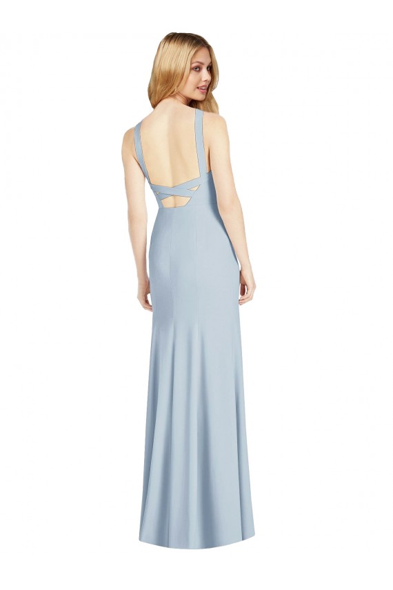 Stretch Crepe High Neck Open Back Trumpet Light Sky Blue Formal Evening Gown / Bridesmaid Dress Derby