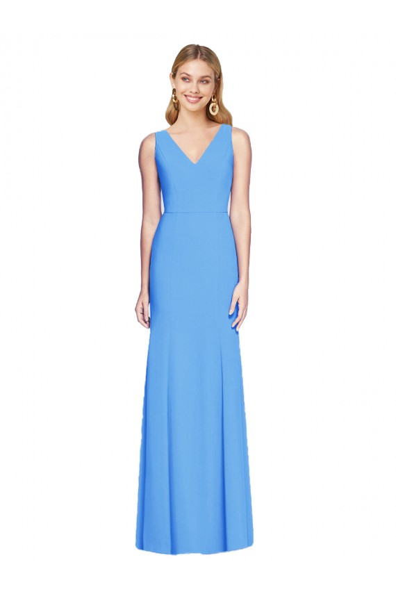 Stretch Crepe V-Neck Keyhole Back Trumpet Peacock Blue Semi Formal Evening Dress / Prom Dress / Bridesmaid Dress Derby