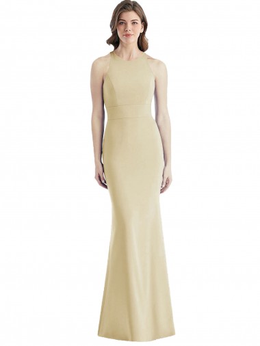 Stretch Crepe Bateau Neck Open Back Trumpet Champagne Semi Formal Evening Dress / Prom Dress / Bridesmaid Dress Derby