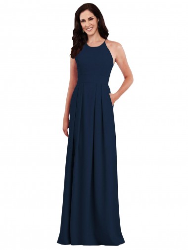 Stretch Crepe Halter Neck Open Back Trumpet Dark Navy Semi Formal Evening Dress / Bridesmaid Dress Derby