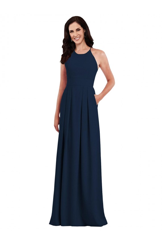 Stretch Crepe Halter Neck Open Back Trumpet Dark Navy Semi Formal Evening Dress / Bridesmaid Dress Derby