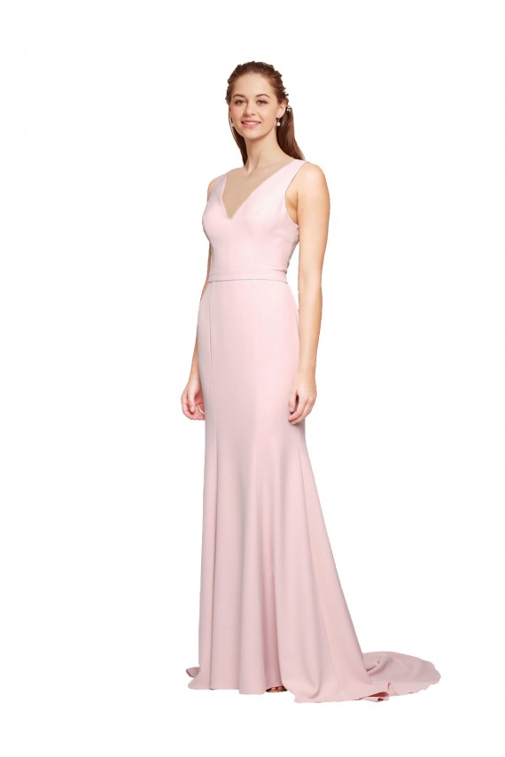 Stretch Crepe V-Neck V-Back A-Line Pink Black Tie Evening Dress / Prom Dress / Bridesmaid Dress Derby