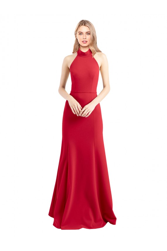 Stretch Crepe High Neck Open Back A-Line Red Formal Evening Gown / Prom Dress / Bridesmaid Dress Derby