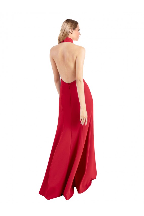 Stretch Crepe High Neck Open Back A-Line Red Formal Evening Gown / Prom Dress / Bridesmaid Dress Derby
