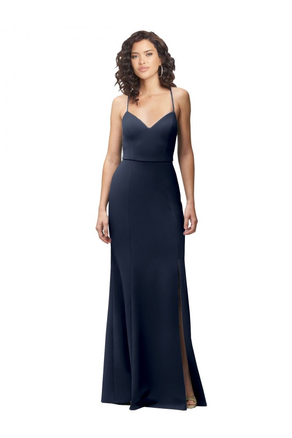 Stretch Crepe High Neck Open Back Sheath Dark Navy Formal Evening Gown / Prom Dress / Bridesmaid Dress Derby