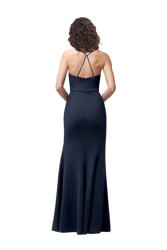 Stretch Crepe High Neck Open Back Sheath Dark Navy Formal Evening Gown / Prom Dress / Bridesmaid Dress Derby