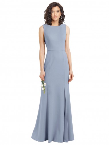 Stretch Crepe High Neck Keyhole Back Sheath Smoke Blue Bridesmaid Dress Derby