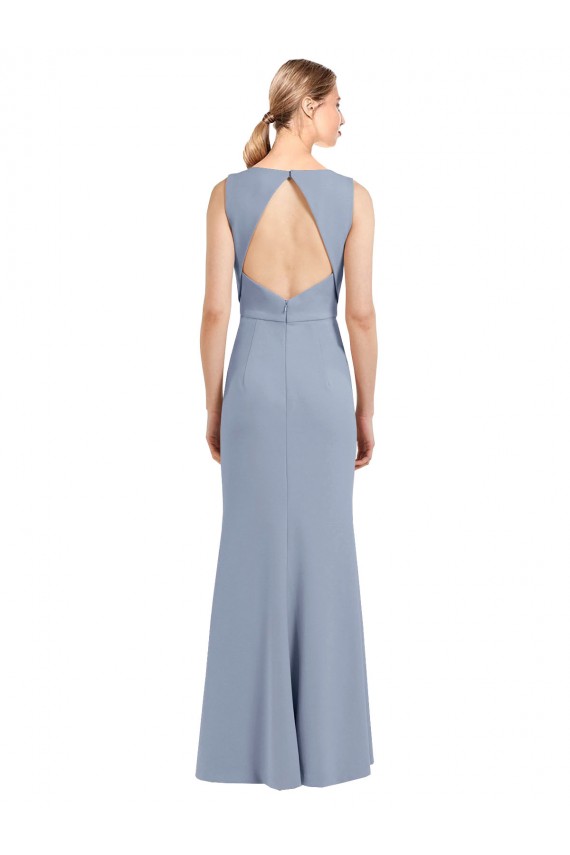 Stretch Crepe High Neck Keyhole Back Sheath Smoke Blue Bridesmaid Dress Derby