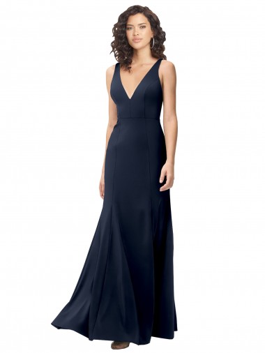 Stretch Crepe High Neck V-Back A-Line Dark Navy Formal Dress / Bridesmaid Dress Derby