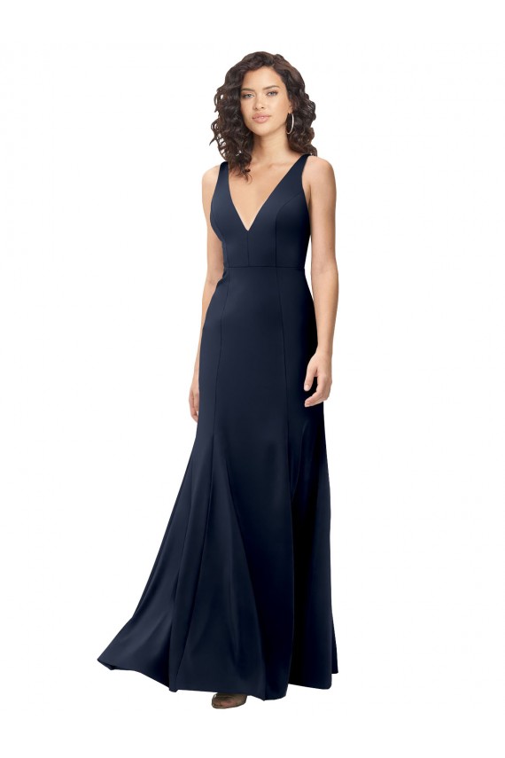 Stretch Crepe High Neck V-Back A-Line Dark Navy Formal Dress / Bridesmaid Dress Derby