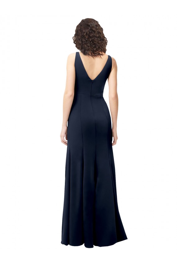 Stretch Crepe High Neck V-Back A-Line Dark Navy Formal Dress / Bridesmaid Dress Derby