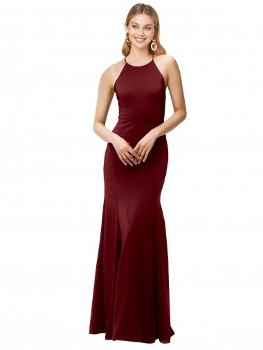 Stretch Crepe High Neck Open Back Mermaid Burgundy Gold Formal Evening Gown / Prom Dress / Bridesmaid Dress Derby