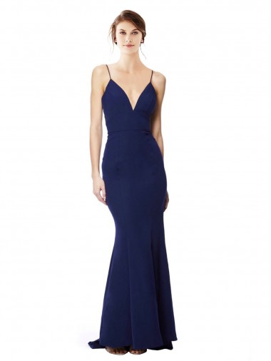 Stretch Crepe High Neck Open Back Mermaid Navy Blue Formal Dress / Bridesmaid Dress Derby
