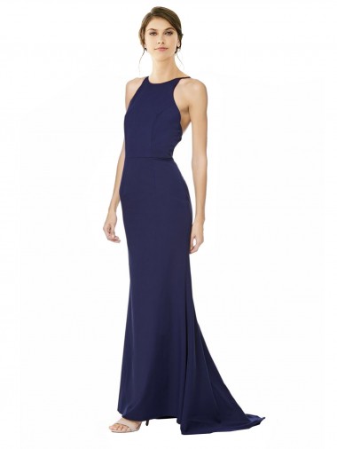 Stretch Crepe High Neck Open Back Mermaid Navy Blue Formal Evening Gown / Prom Dress / Bridesmaid Dress Derby