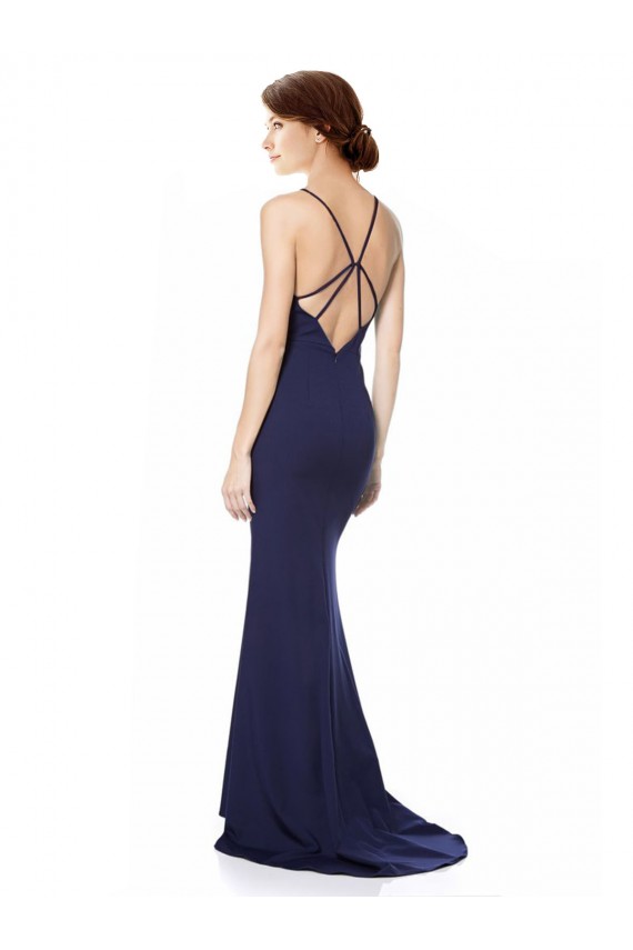 Stretch Crepe High Neck Open Back Mermaid Navy Blue Formal Evening Gown / Prom Dress / Bridesmaid Dress Derby