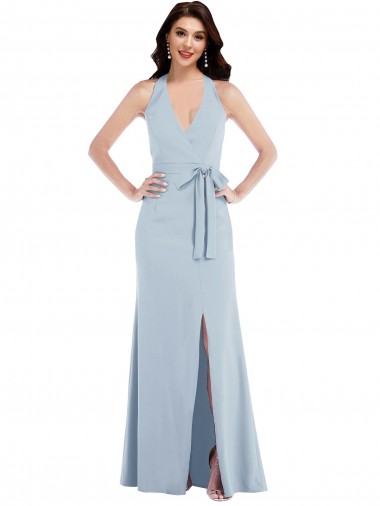 Stretch Crepe V-Neck Open Back A-Line Light Sky Blue Formal Evening Gown / Prom Dress / Bridesmaid Dress Derby