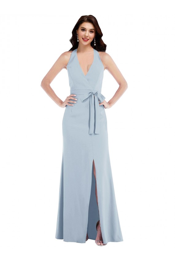 Stretch Crepe V-Neck Open Back A-Line Light Sky Blue Formal Evening Gown / Prom Dress / Bridesmaid Dress Derby