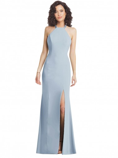 Stretch Crepe High Neck Open Back Trumpet Light Sky Blue Formal Evening Gown / Prom Dress / Bridesmaid Dress Derby