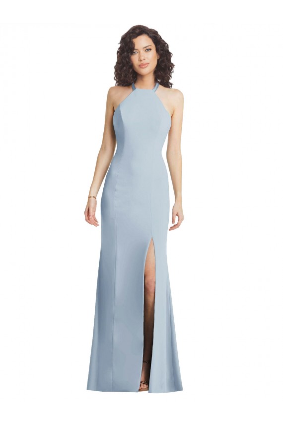 Stretch Crepe High Neck Open Back Trumpet Light Sky Blue Formal Evening Gown / Prom Dress / Bridesmaid Dress Derby