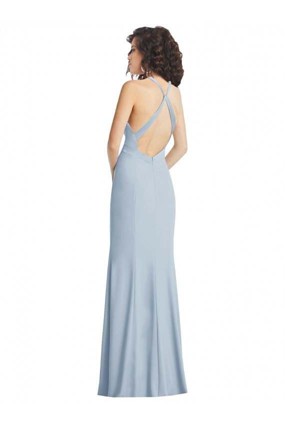 Stretch Crepe High Neck Open Back Trumpet Light Sky Blue Formal Evening Gown / Prom Dress / Bridesmaid Dress Derby